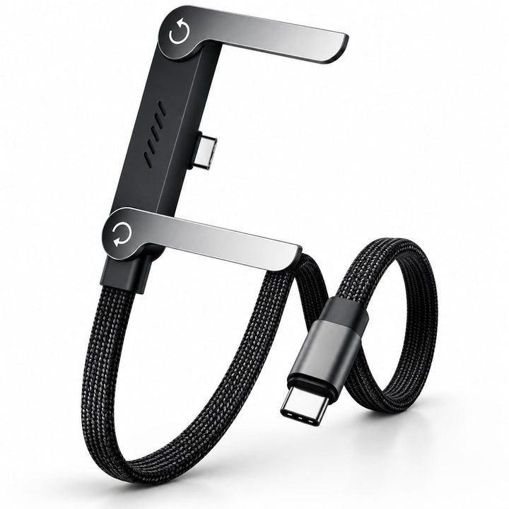 2-in-1 invisible holder charger cable with foldable phone stand black nylon braided cable