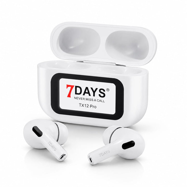 7DAYS TX12 Pro Smart Touch Screen Wireless Earbuds with white charging case