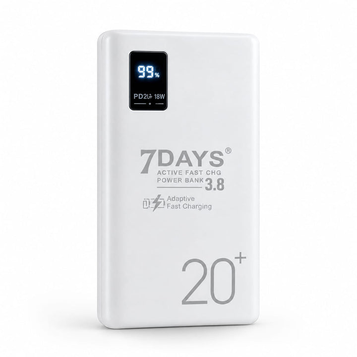 7DAYS 20,000mAh 35W fast charging power bank with built-in charging cables and digital battery display