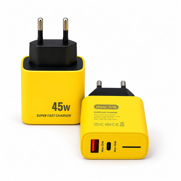 Daw-link 45W yellow super fast charger with USB-C PD and USB-A QC ports