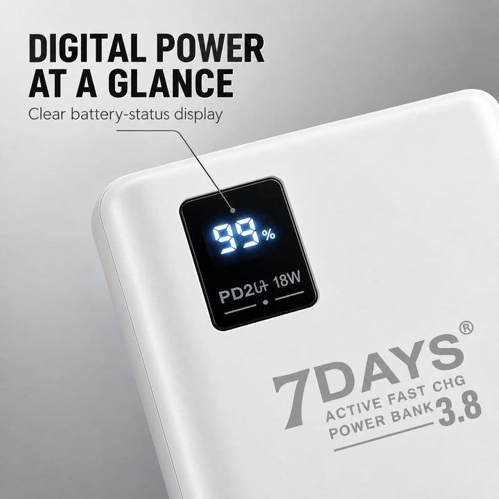 7DAYS 20,000mAh 35W fast charging power bank with built-in charging cables and digital battery display