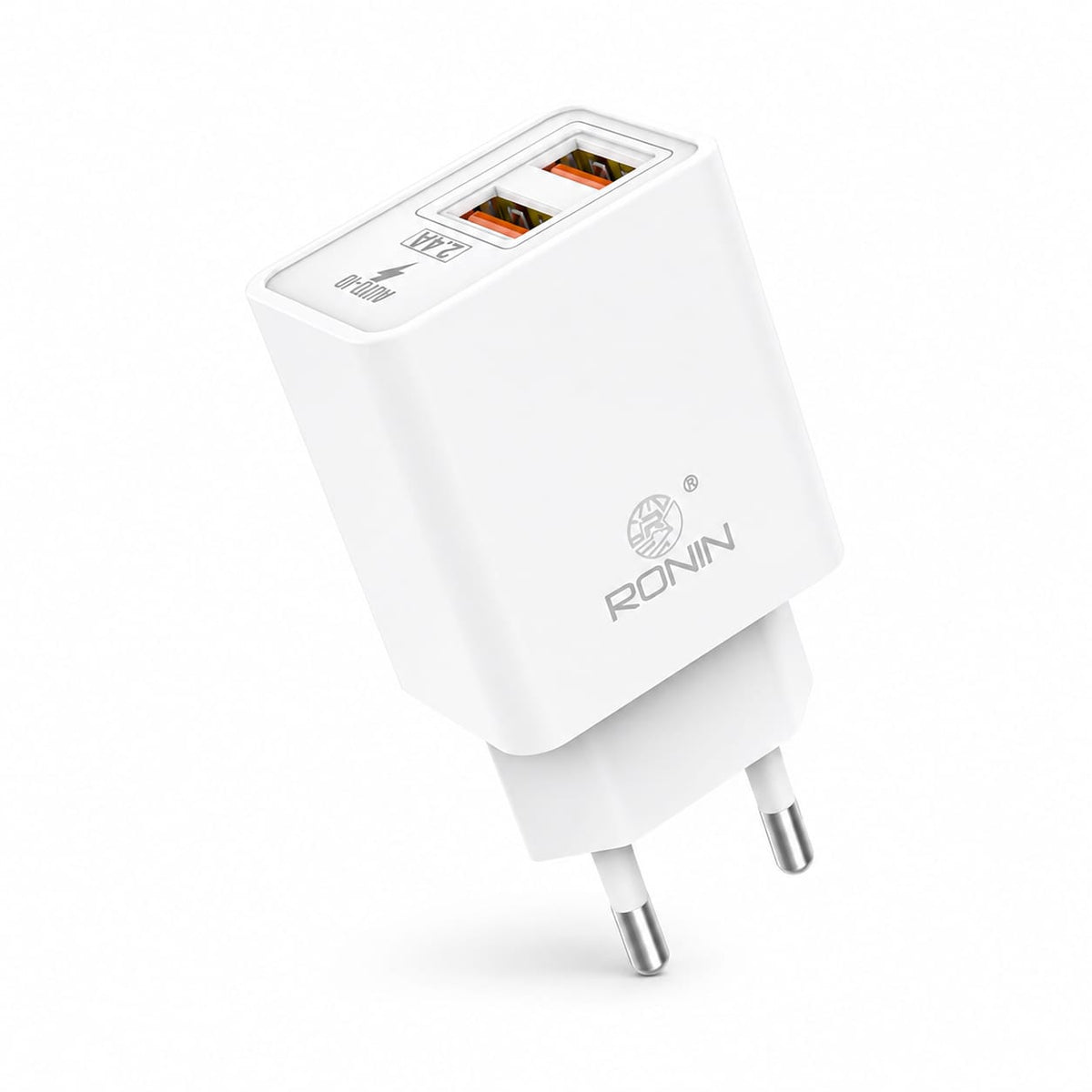 Ronin R-615 dual USB fast charger with two USB-A ports and white 2-pin EU plug