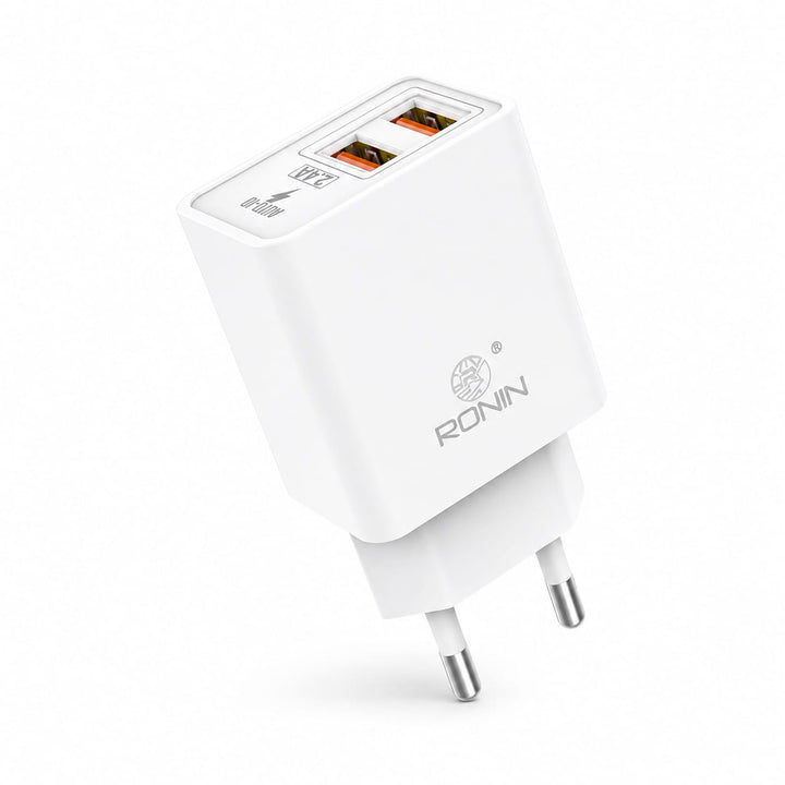Ronin R-615 dual USB fast charger with two USB-A ports and white 2-pin EU plug