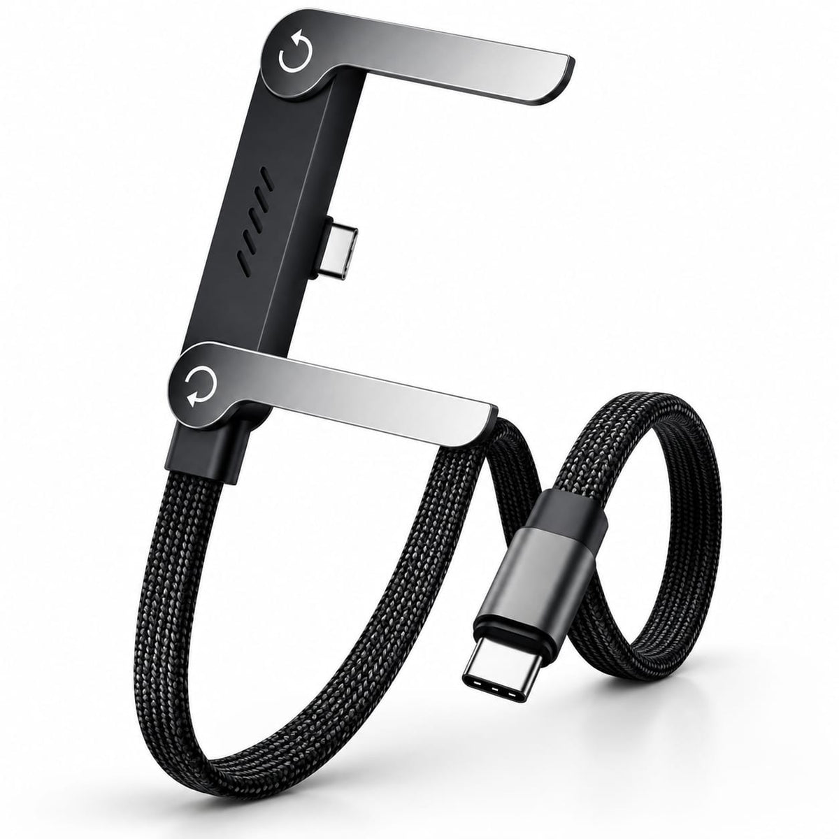 2-in-1 invisible holder charger cable with foldable phone stand black nylon braided cable