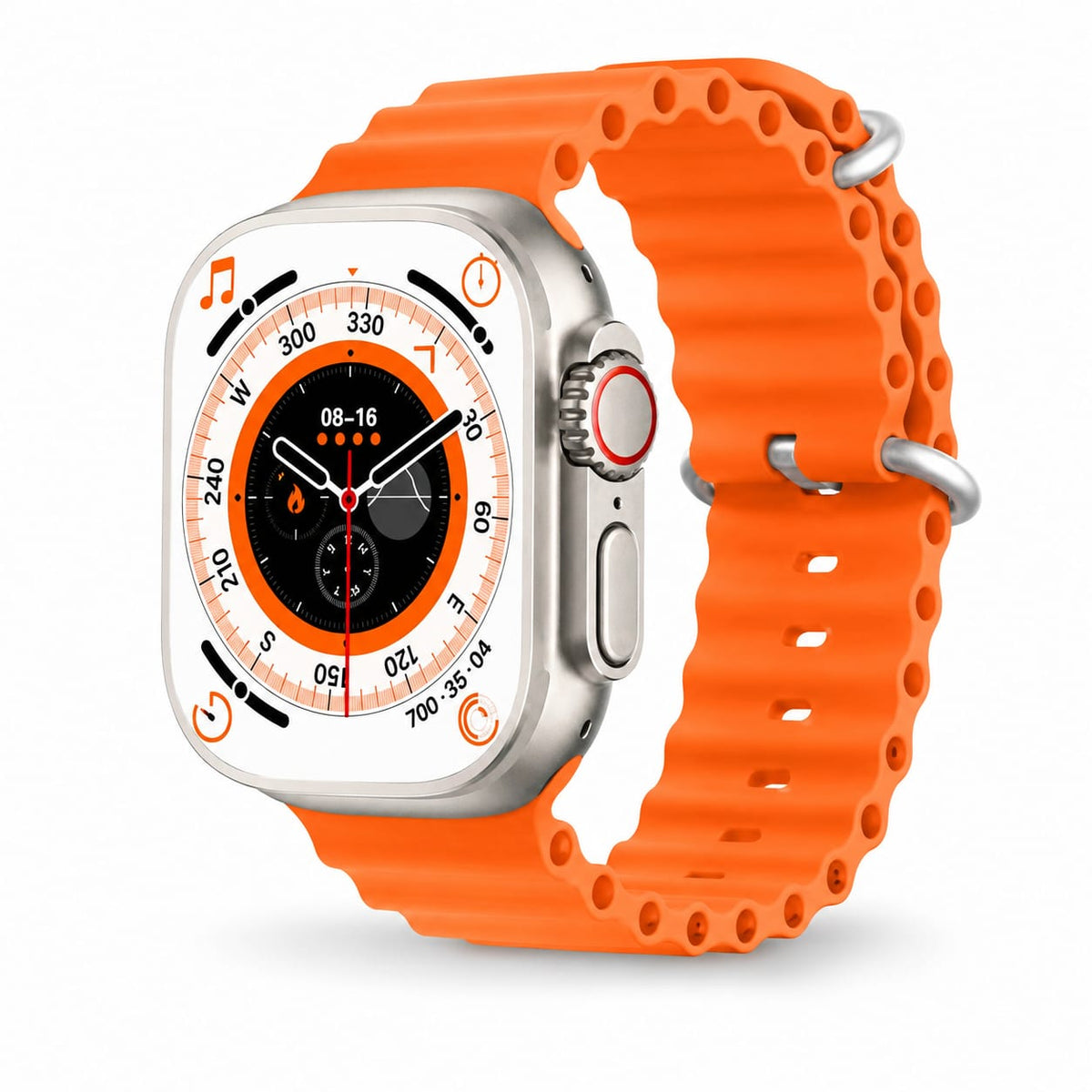 T800 Ultra Smartwatch with orange silicone band and large touchscreen display