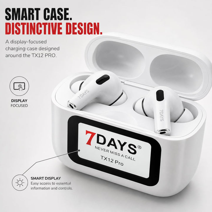7DAYS TX12 Pro Smart Touch Screen Wireless Earbuds with white charging case