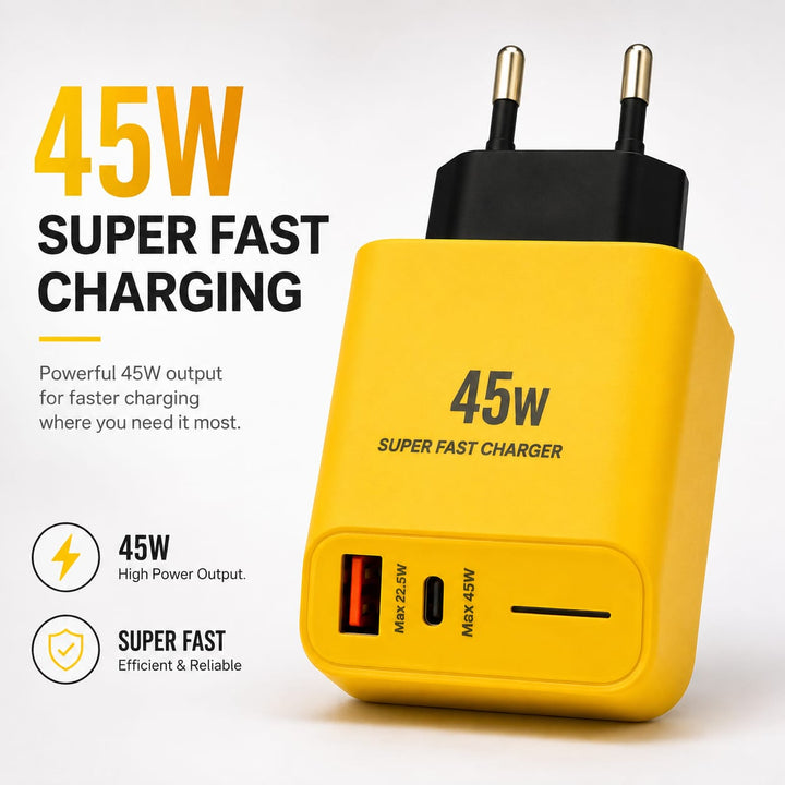 Daw-link 45W yellow super fast charger with USB-C PD and USB-A QC ports