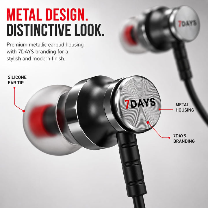 7Days M1 Metal Series wired earphones with microphone and 3.5mm audio jack in white and black
