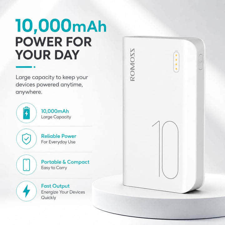 Romoss Simple 10 10000mAh white power bank with dual USB outputs