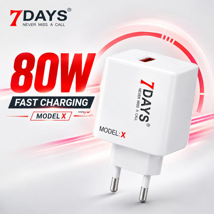 7Days Model X 80W GaN fast charger with USB-A to Type-C cable in white